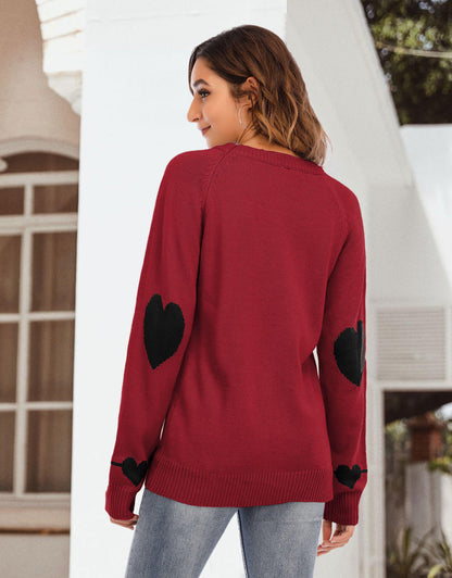 Cute Heart Pattern Crewneck Knitted Pullover