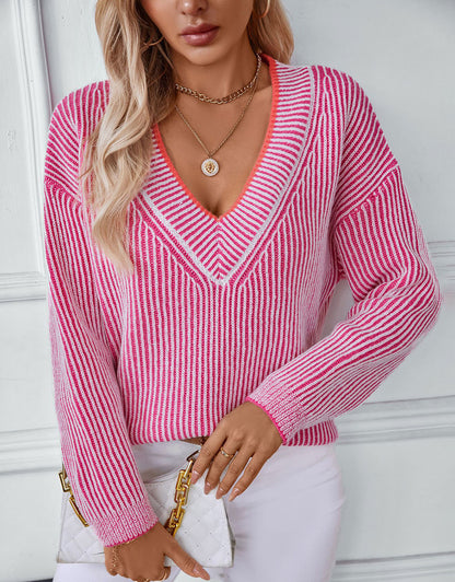 V Neck Striped Sweater