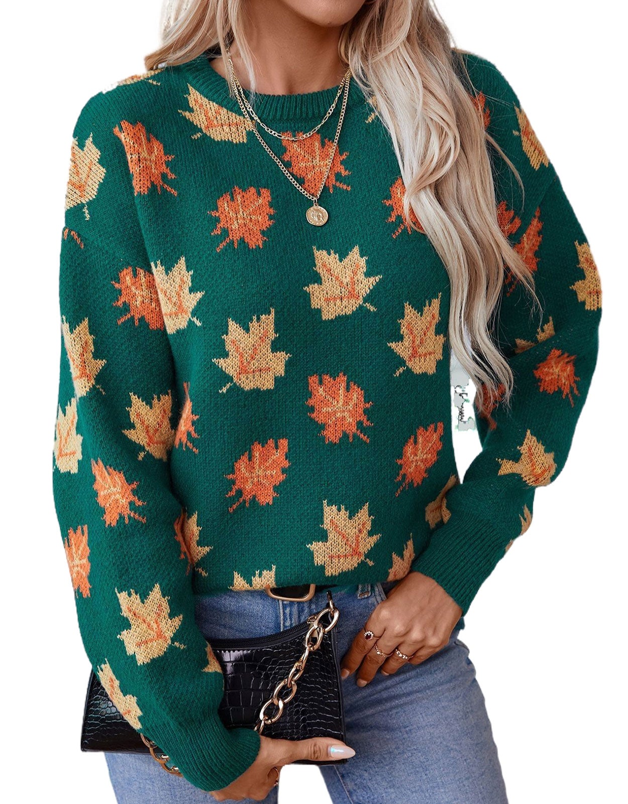 Autumn Print Knitted Round Neck Sweater