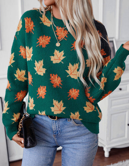 Autumn Print Knitted Round Neck Sweater