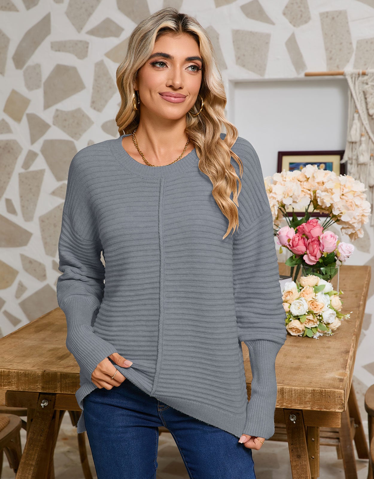 Crewneck Batwing Split Sweater