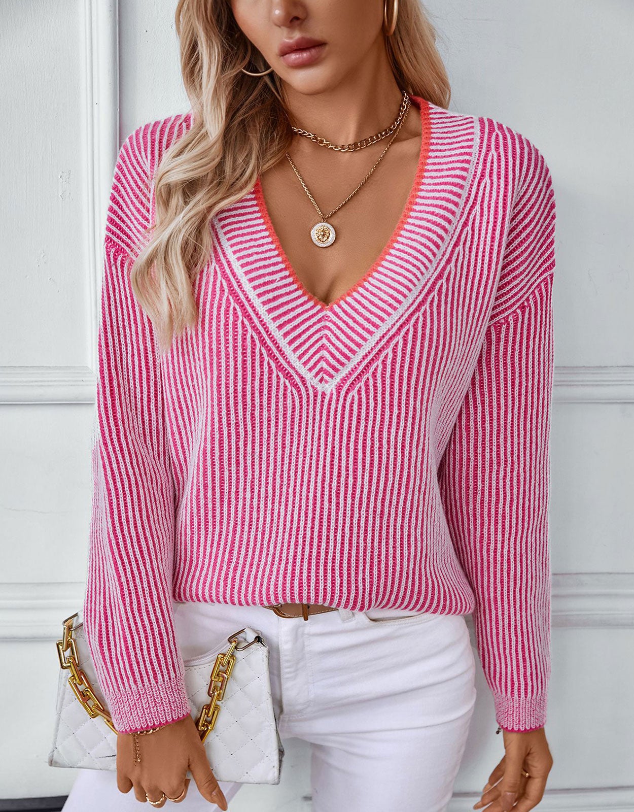 V Neck Striped Sweater