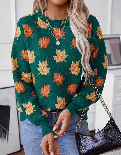 Autumn Print Knitted Round Neck Sweater