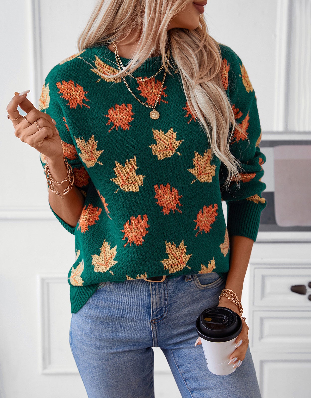 Autumn Print Knitted Round Neck Sweater