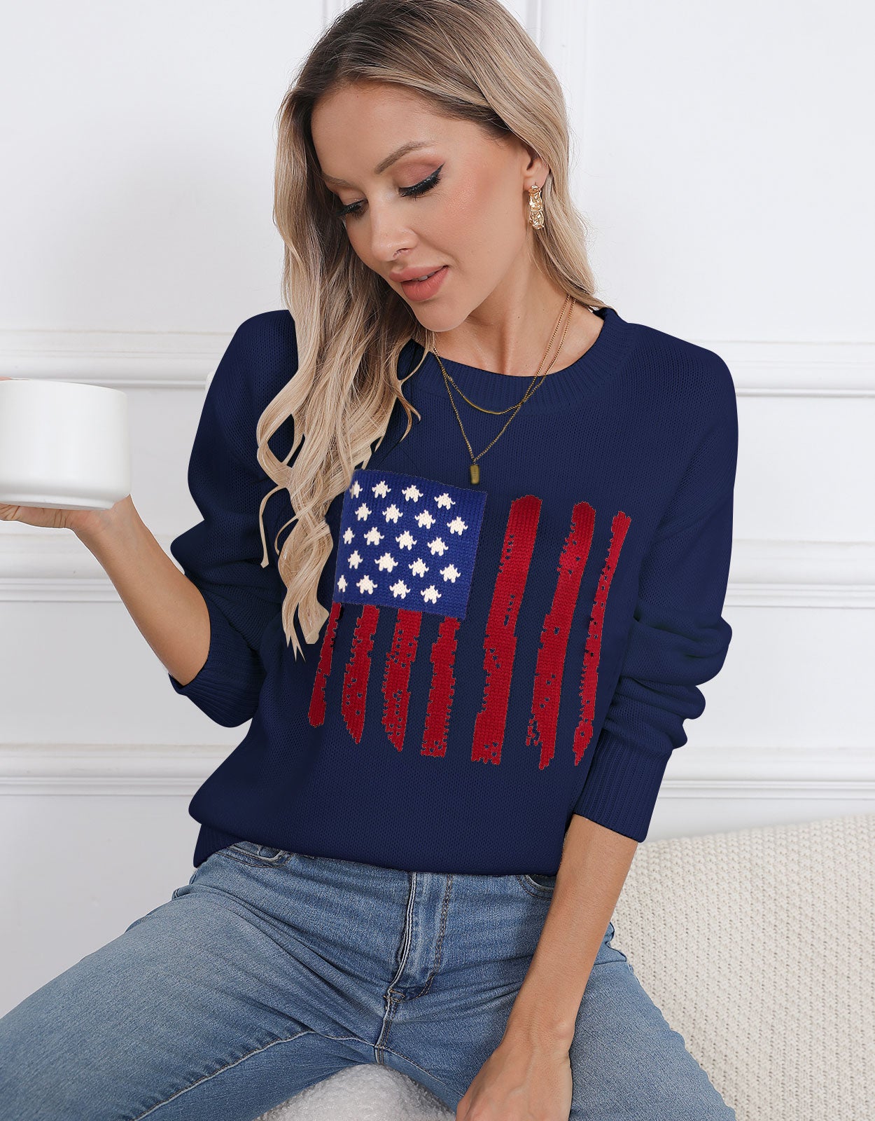 American Flag  Long Sleeve Crew Neck Sweater