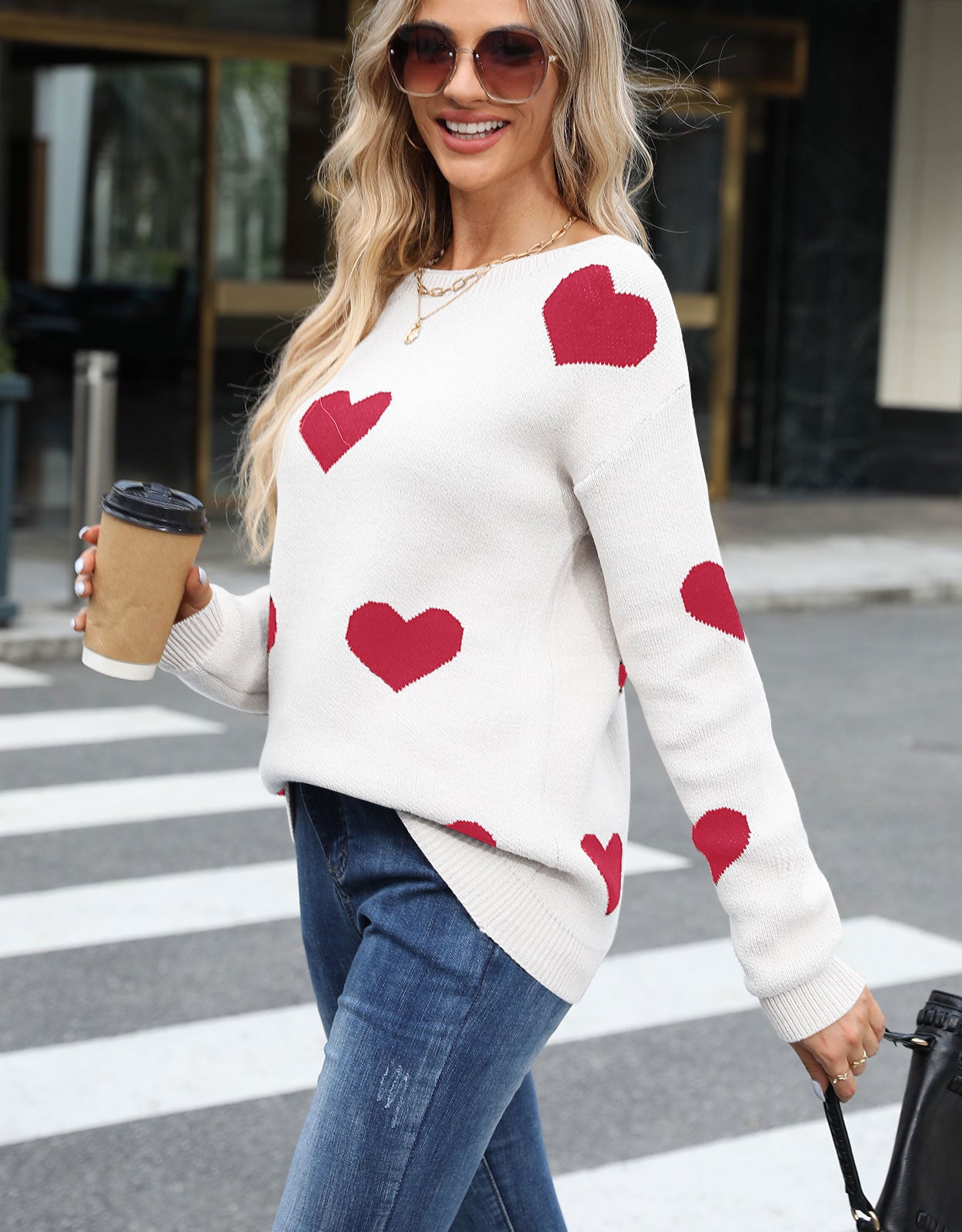 Cute Heart Lattern Sleeve Crew Neck Knit Pullover Top