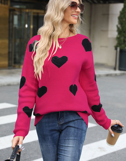 Cute Heart Lattern Sleeve Crew Neck Knit Pullover Top