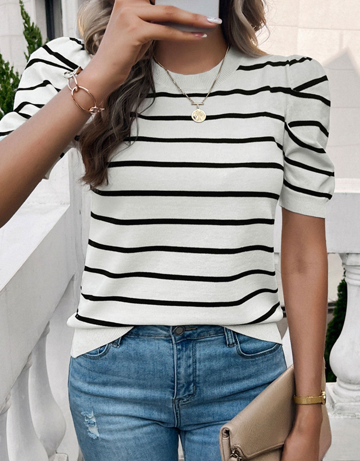 Round Neck Puff Sleeve Knit Top