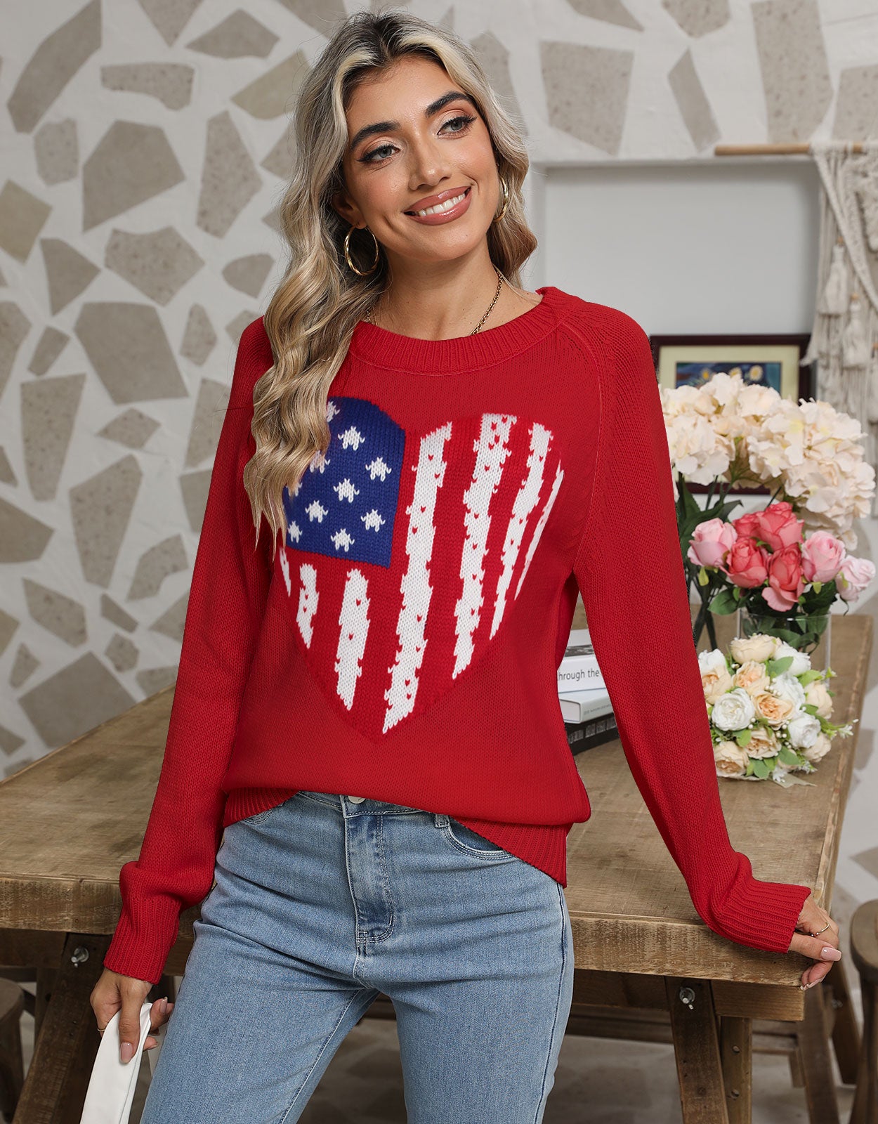 USA Heart Knitted Pullover Sweaters