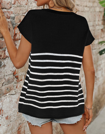 Striped Round Neck Short Sleeve Knit Top