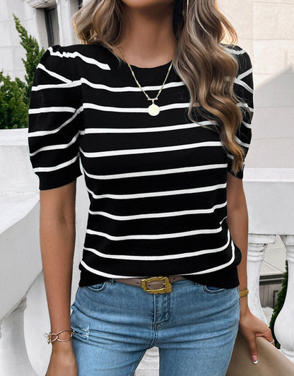 Round Neck Puff Sleeve Knit Top