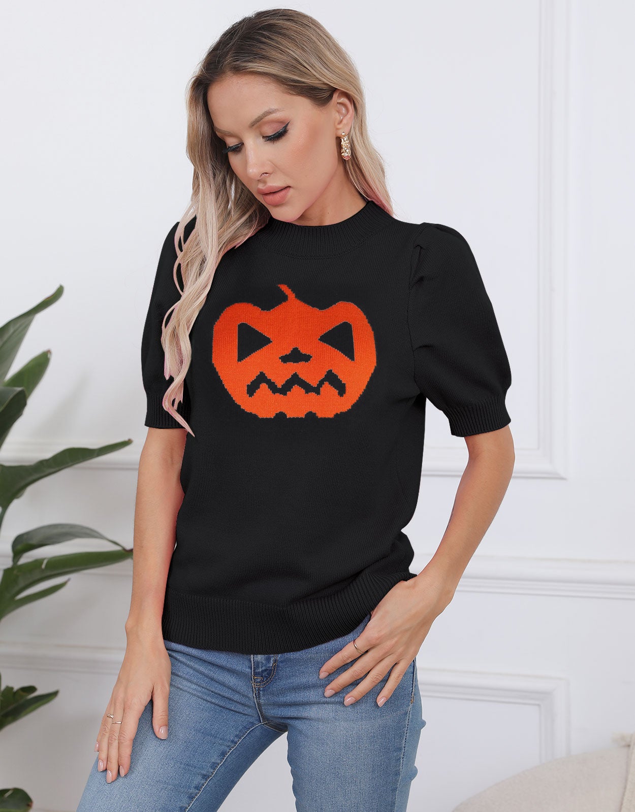 Short Sleeve Pumpkin  Pullover Tops