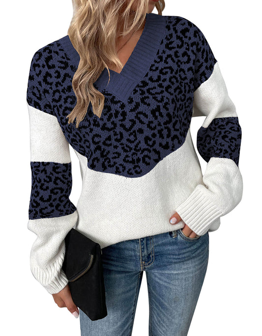 V-Neck Pullover Leopard Knit Sweater
