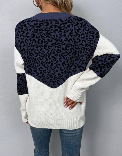 V-Neck Pullover Leopard Knit Sweater