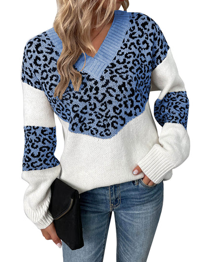 V-Neck Pullover Leopard Knit Sweater