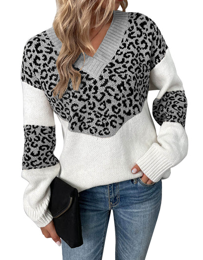 V-Neck Pullover Leopard Knit Sweater