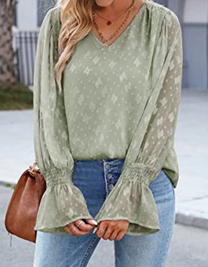 Long Sleeve Chiffon Lace Flare Sleeve Top