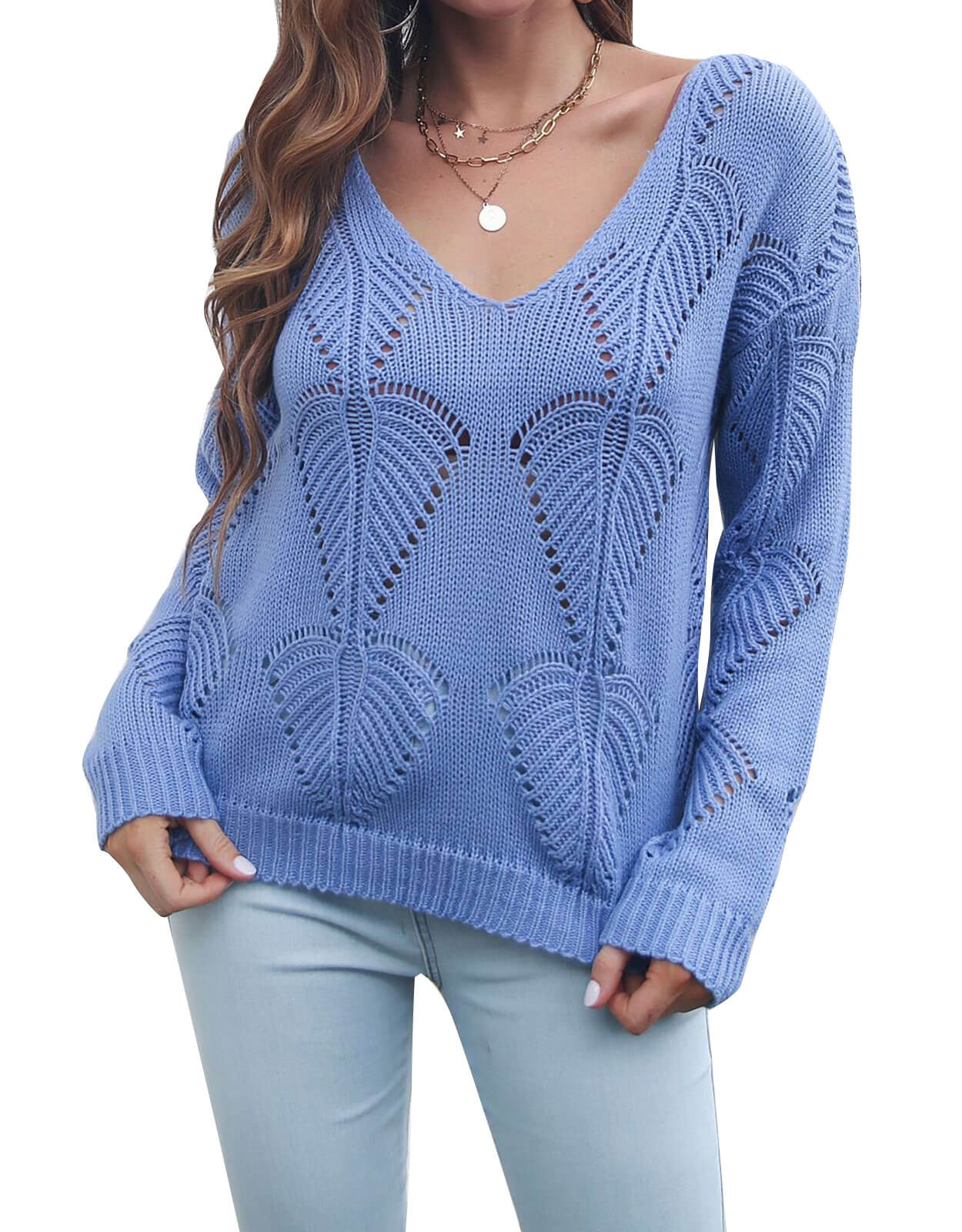 Cutout Leaf V-Neck Long Sleeve Knit Sweater