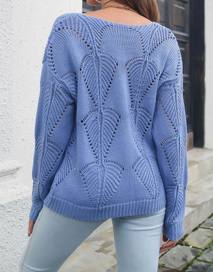 Cutout Leaf V-Neck Long Sleeve Knit Sweater