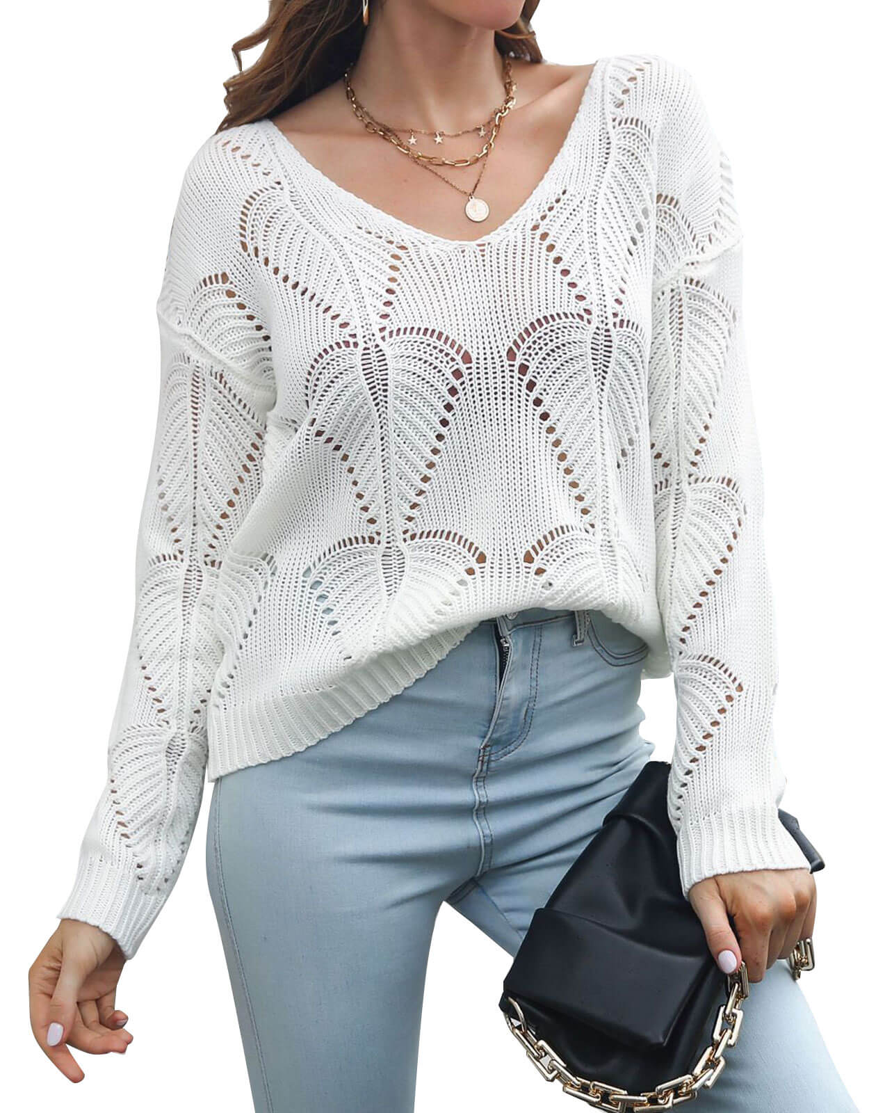 Cutout Leaf V-Neck Long Sleeve Knit Sweater