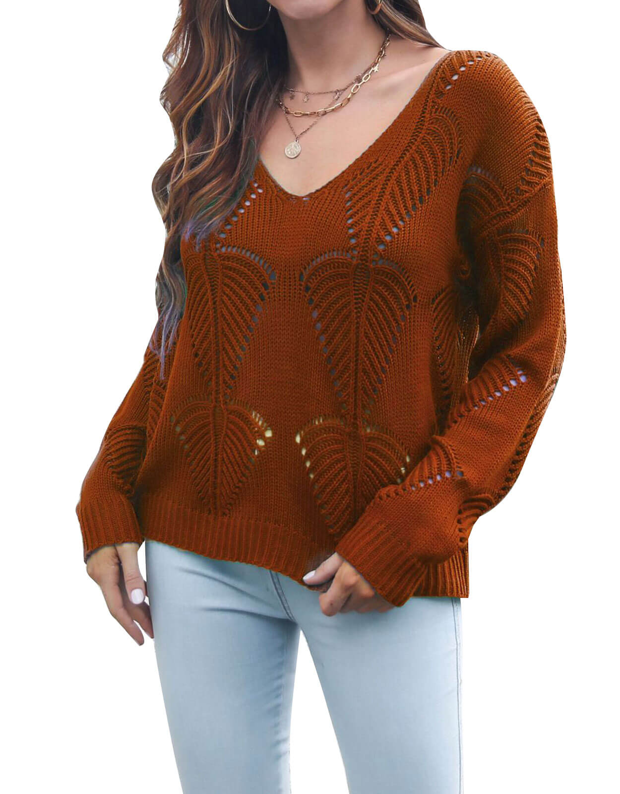 Cutout Leaf V-Neck Long Sleeve Knit Sweater