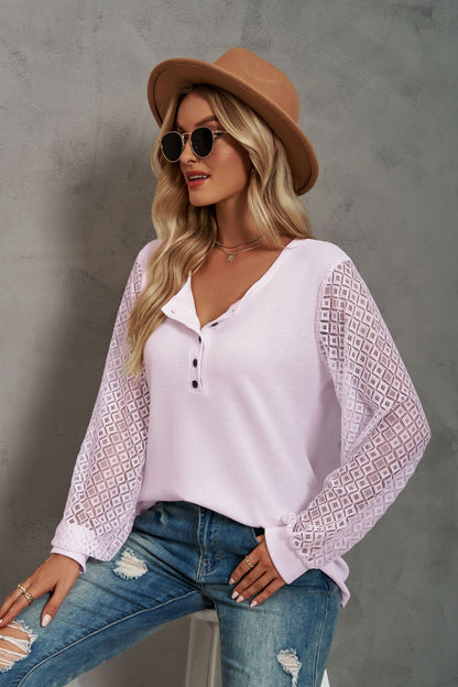 Waffle Lace Panel Long Sleeve Button Top