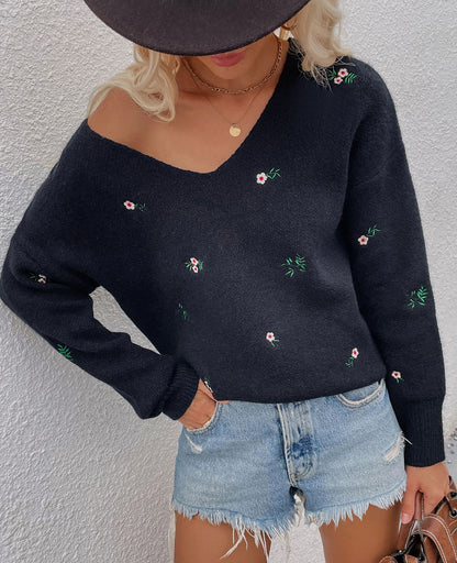 V Neck Floral Pattern Knitted Sweaters