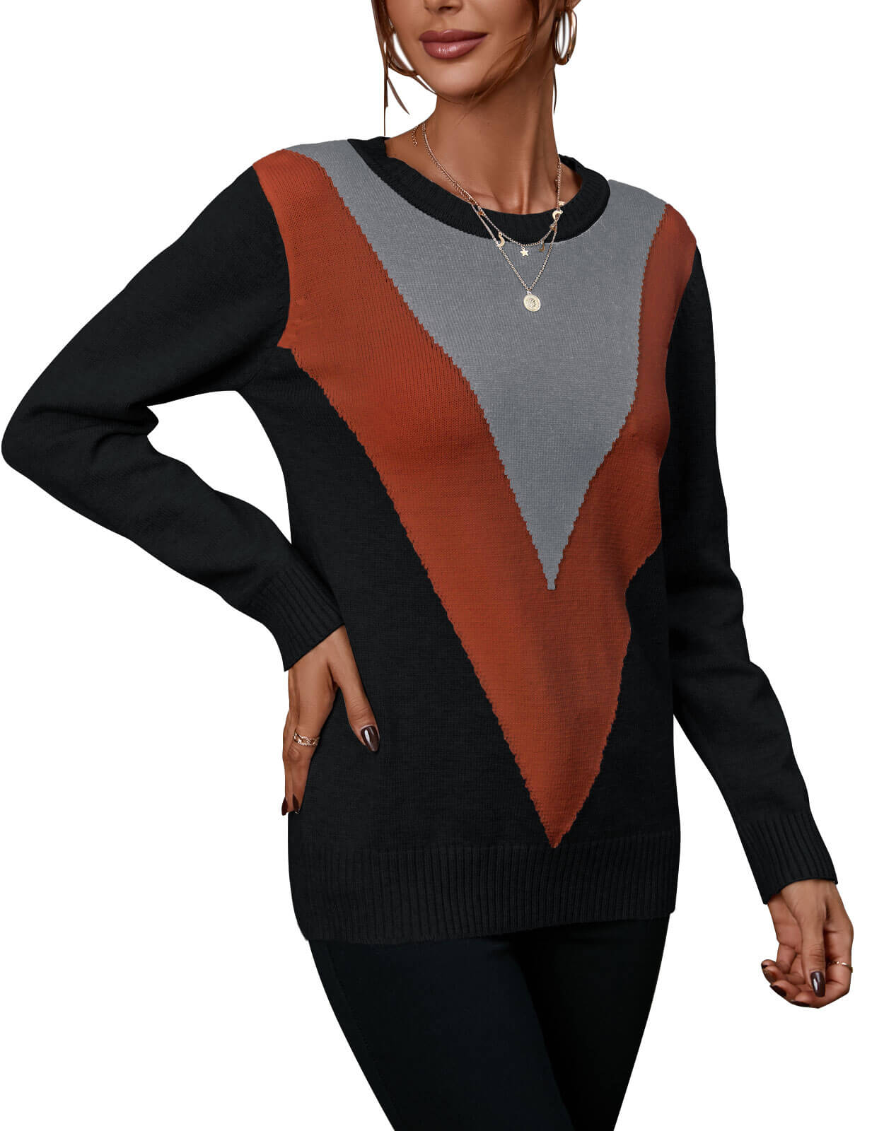 Crewneck Colorblock Pullover Knit Sweater Tops