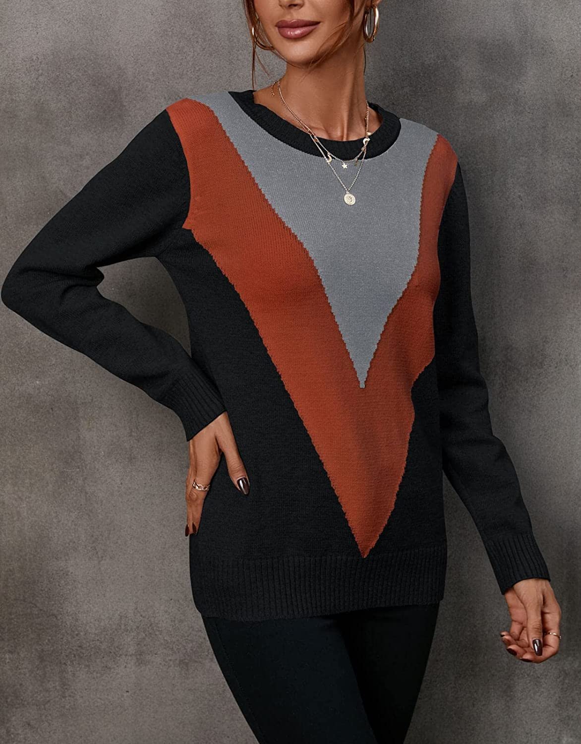 Stitching Color V -shaped Pattern Pullover，So Cute！