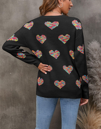 Drop Shoulder Colorful Heart Pattern Sweater