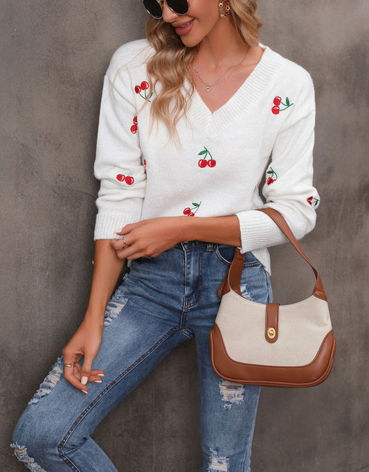 V Neck Cherry Pattern Loose Casual Sweaters