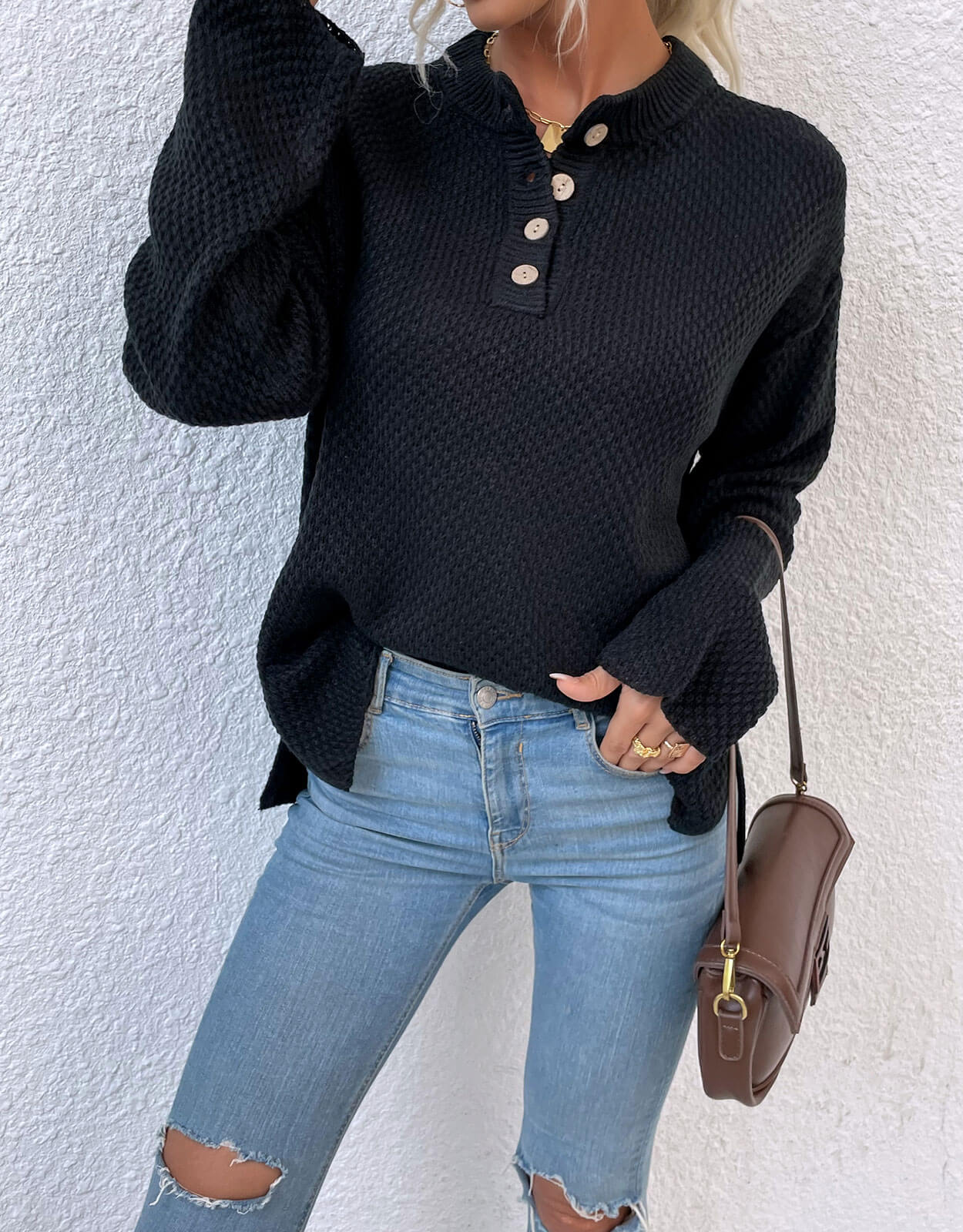 Chest Button Slit Knitted Sweater