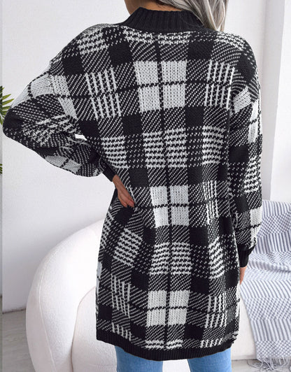 Plaid Tie Lantern Sleeve Casual Cardigan Sweater