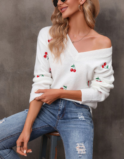 V Neck Cherry Pattern Loose Casual Sweaters