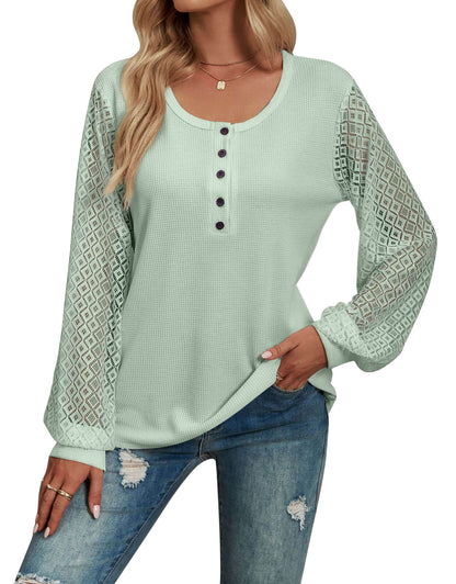 Waffle Lace Panel Long Sleeve Button Top