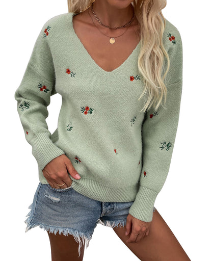 V Neck Floral Pattern Knitted Sweaters