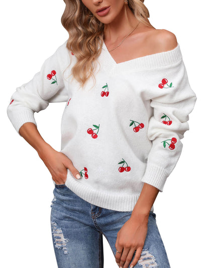 V Neck Cherry Pattern Loose Casual Sweaters