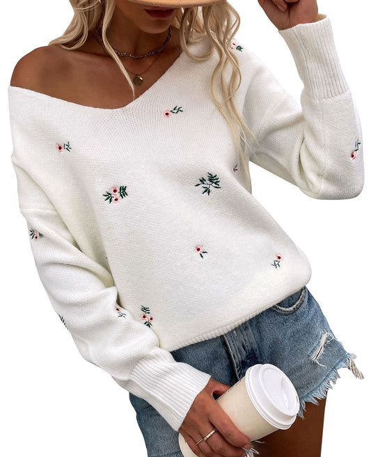 V Neck Floral Pattern Knitted Sweaters