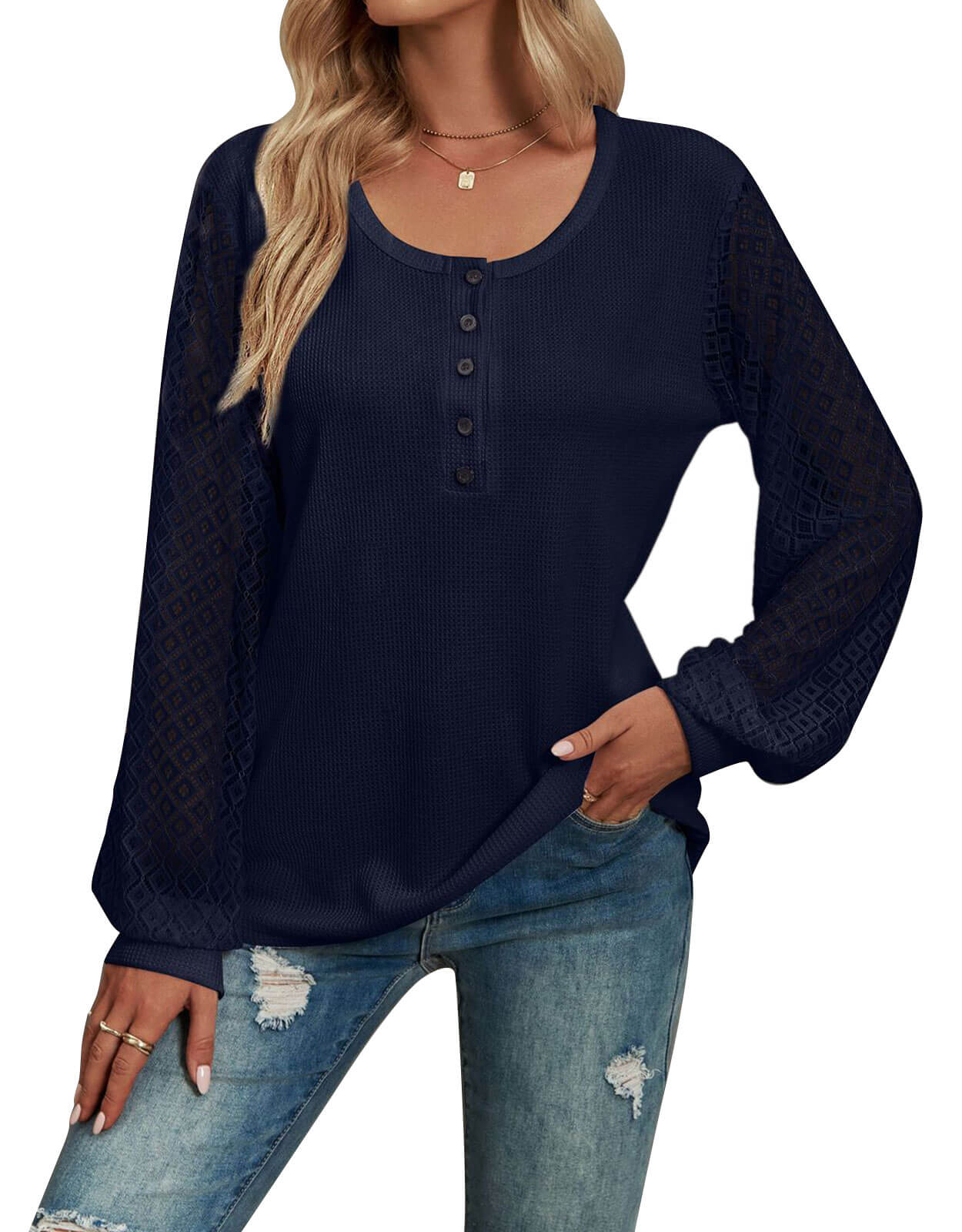 Waffle Lace Panel Long Sleeve Button Top