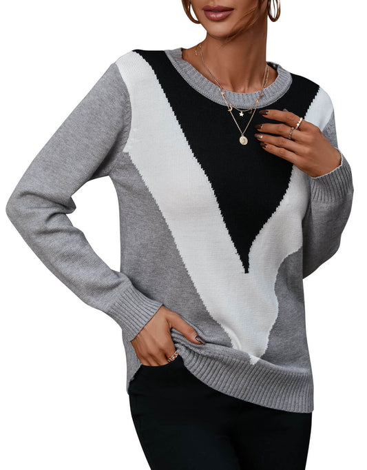Crewneck Colorblock Pullover Knit Sweater Tops