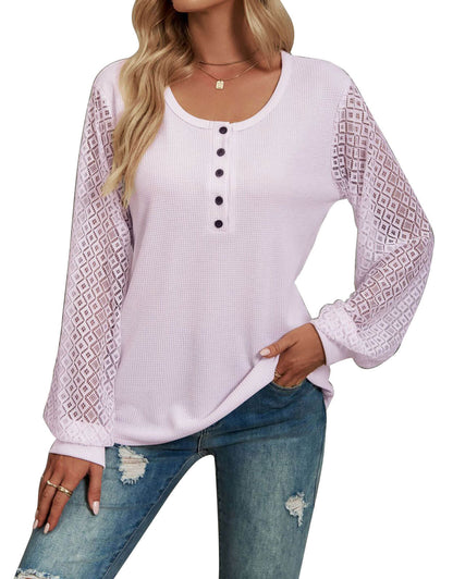 Waffle Lace Panel Long Sleeve Button Top