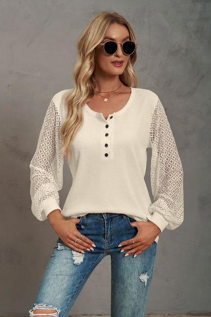 Waffle Lace Panel Long Sleeve Button Top