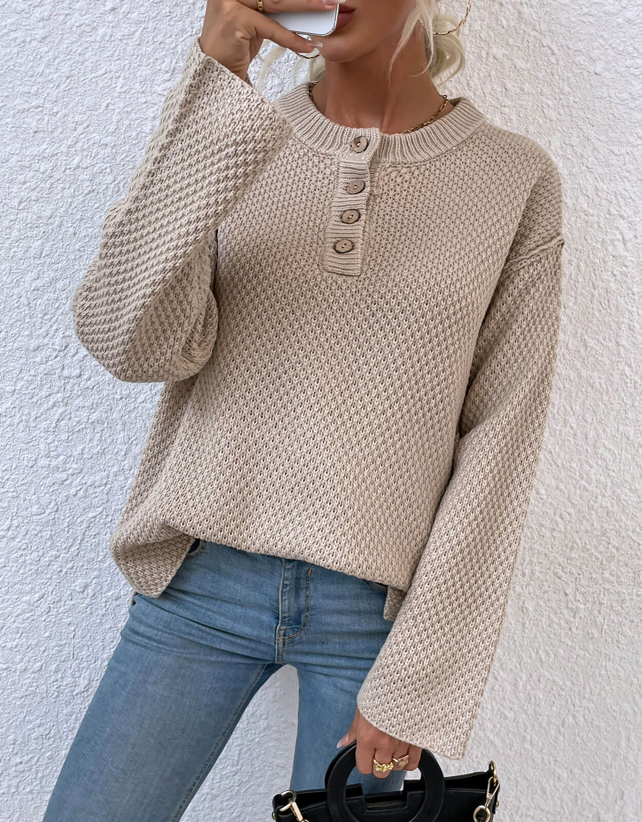 Chest Button Slit Knitted Sweater