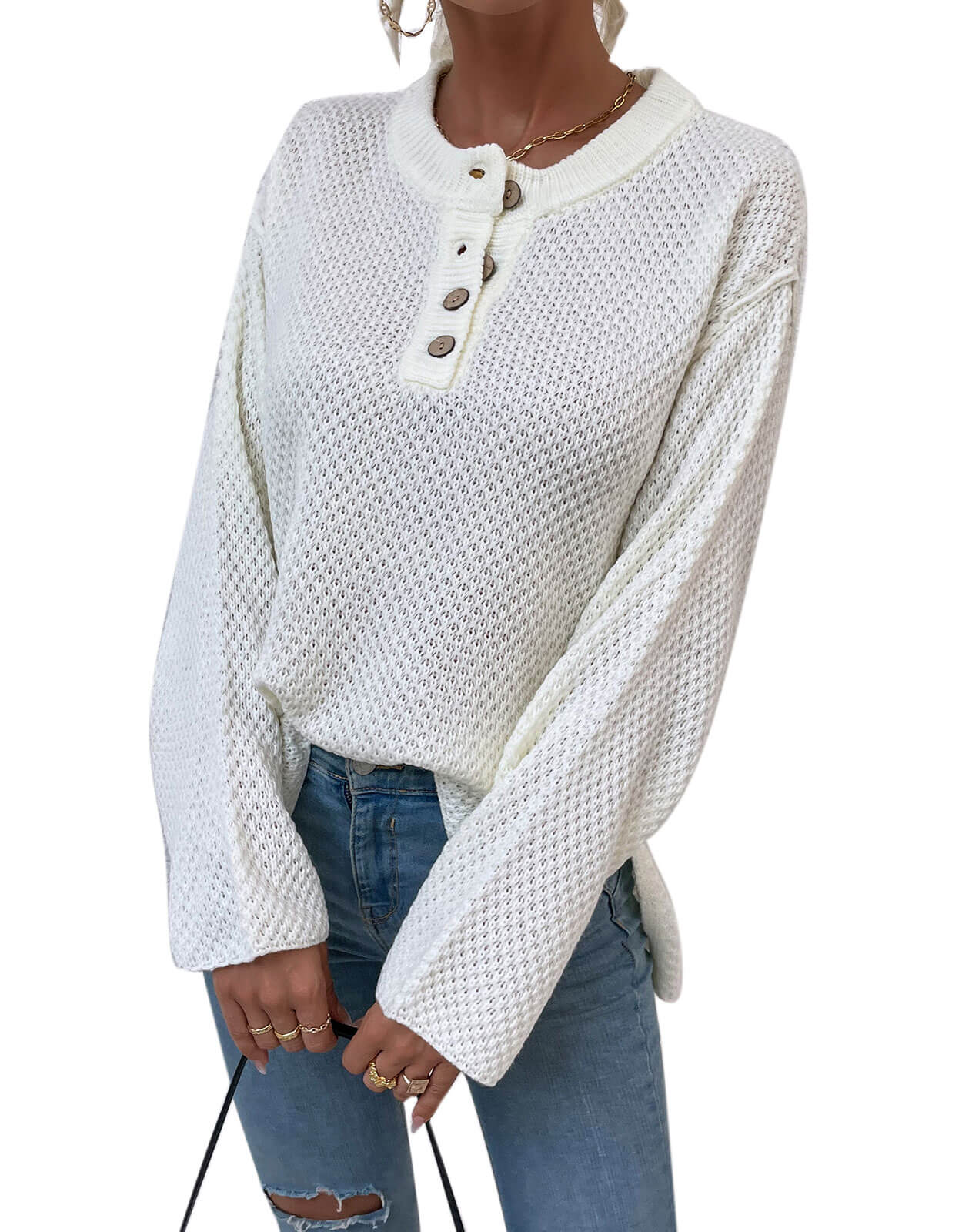 Chest Button Slit Knitted Sweater