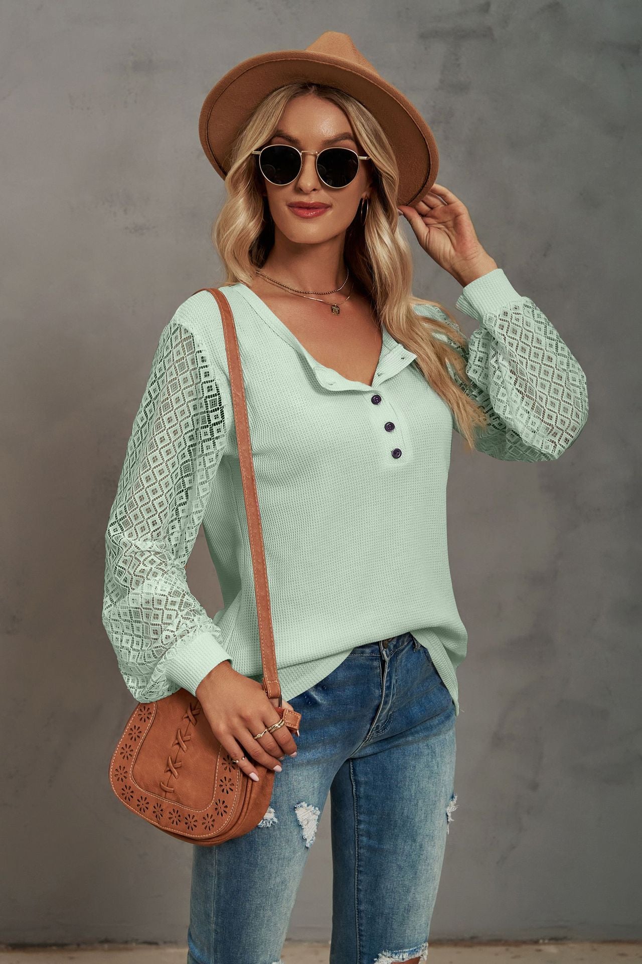 Waffle Lace Panel Long Sleeve Button Top